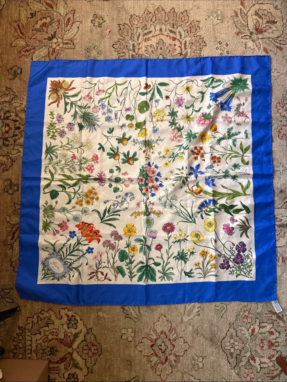 Vintage Gucci Cobalt Floral Silk Scarf